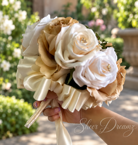 Champagne and Ivory Quinceañera Bouquet | Custom Brooch Flowers, view 2, Sheer Dreamz