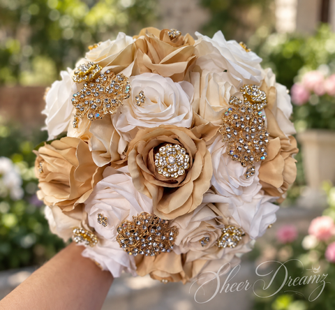 Champagne and Ivory Quinceañera Bouquet | Custom Brooch Flowers, view 3, Sheer Dreamz