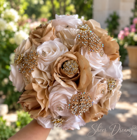 Champagne and Ivory Quinceañera Bouquet | Custom Brooch Flowers, view 4, Sheer Dreamz