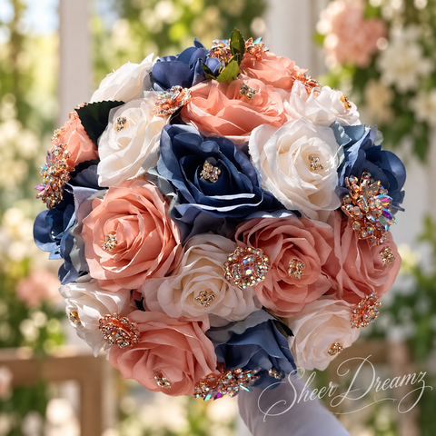 Dusty Blue Blush and Ivory quinceañera bouquet, natural view 1, Sheer Dreamz