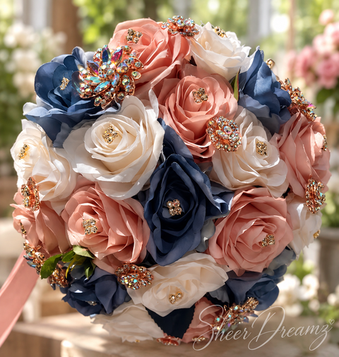 Dusty Blue Blush and Ivory quinceañera bouquet, natural view 2, Sheer Dreamz