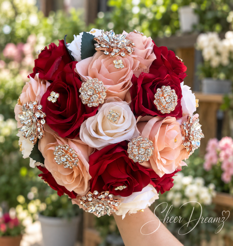 Dark red blush and ivory quinceañera bouquet, view 1, Sheer Dreamz