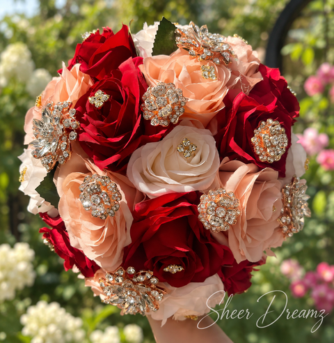 Dark red blush and ivory quinceañera bouquet, view 2, Sheer Dreamz
