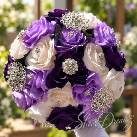 Eggplant Lilac and Ivory quinceañera bouquet, natural view 1, Sheer Dreamz