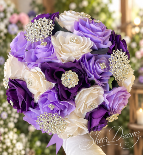 Eggplant Lilac and Ivory quinceañera bouquet, natural view 2, Sheer Dreamz