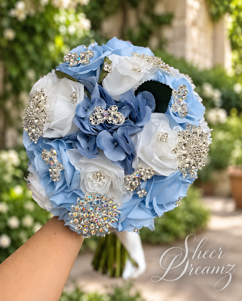 Blue and white Bahama quinceañera bouquet with silver crystal butterflies and brooches, view 1, Sheer Dreamz