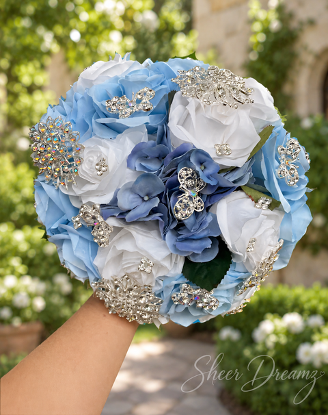 Blue and white Bahama quinceañera bouquet with silver crystal butterflies and brooches, view 2, Sheer Dreamz
