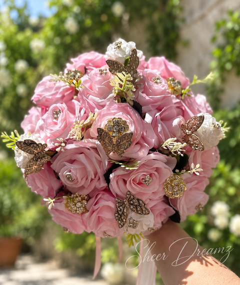 Blush pink quinceañera bouquet with gold butterfly accents and crystal brooches, view 1, Sheer Dreamz