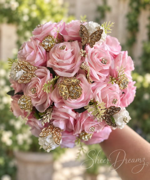 Blush pink quinceañera bouquet with gold butterfly accents and crystal brooches, view 2, Sheer Dreamz
