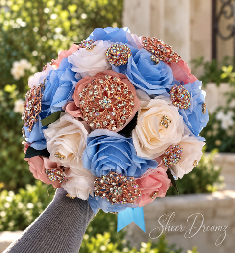 Bahama blue blush pink and ivory quinceañera bouquet with rose gold crystal brooches, view 1, Sheer Dreamz