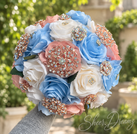 Bahama blue blush pink and ivory quinceañera bouquet with rose gold crystal brooches, view 2, Sheer Dreamz