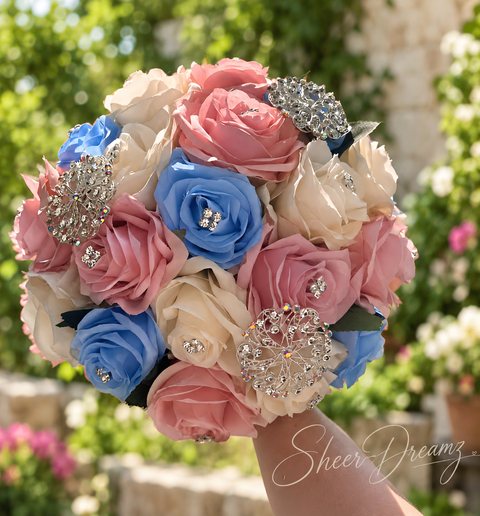 Bahama blue blush pink and ivory quinceañera bouquet with silver crystal brooches, view 1, Sheer Dreamz