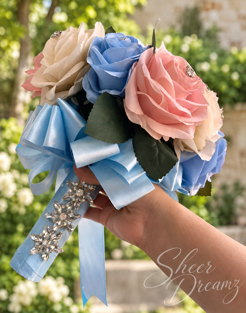 Bahama blue blush pink and ivory quinceañera bouquet with silver crystal brooches, view 2, Sheer Dreamz