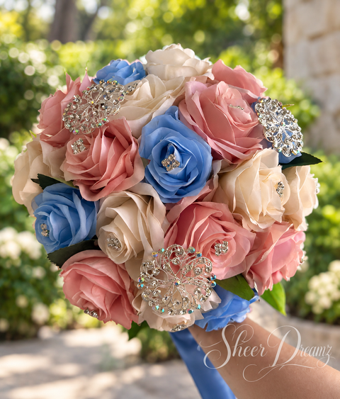 Bahama blue blush pink and ivory quinceañera bouquet with silver crystal brooches, view 3, Sheer Dreamz