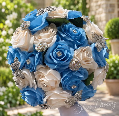 Bahama blue and ivory quinceañera rose bouquet with silver crystal butterflies and brooches, view 1, Sheer Dreamz