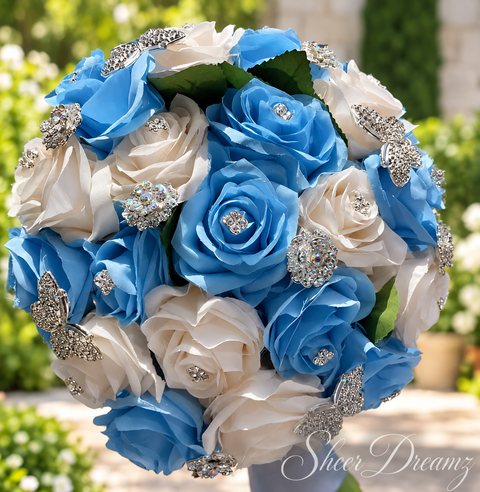 Bahama blue and ivory quinceañera rose bouquet with silver crystal butterflies and brooches, view 2, Sheer Dreamz