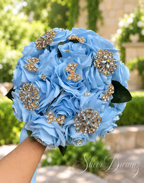 Bahama blue quinceañera rose bouquet with gold crystal flower and butterfly brooches, Sheer Dreamz