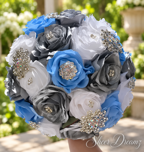Bahama blue silver gray and white quinceañera rose bouquet with silver crystal brooches, view 1, Sheer Dreamz