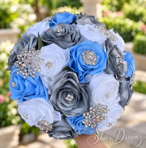 Bahama blue silver gray and white quinceañera rose bouquet with silver crystal brooches, view 2, Sheer Dreamz
