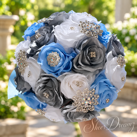 Bahama blue silver gray and white quinceañera rose bouquet with silver crystal brooches, view 3, Sheer Dreamz