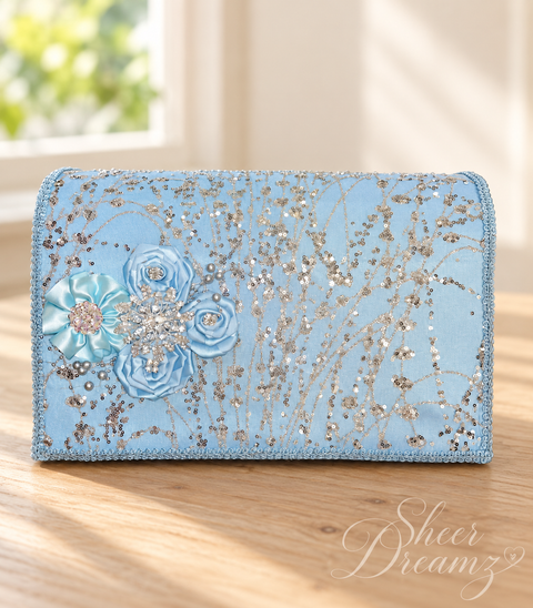 Bahama blue quinceañera accessory set with satin roses and silver crystal decorations, item 1, Sheer Dreamz