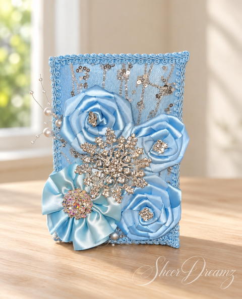 Bahama blue quinceañera accessory set with satin roses and silver crystal decorations, item 2, Sheer Dreamz