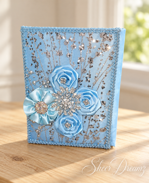 Bahama blue quinceañera accessory set with satin roses and silver crystal decorations, item 3, Sheer Dreamz