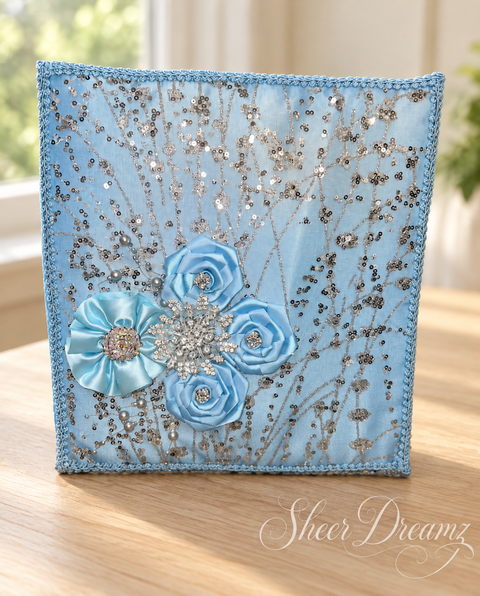 Bahama blue quinceañera accessory set with satin roses and silver crystal decorations, item 4, Sheer Dreamz
