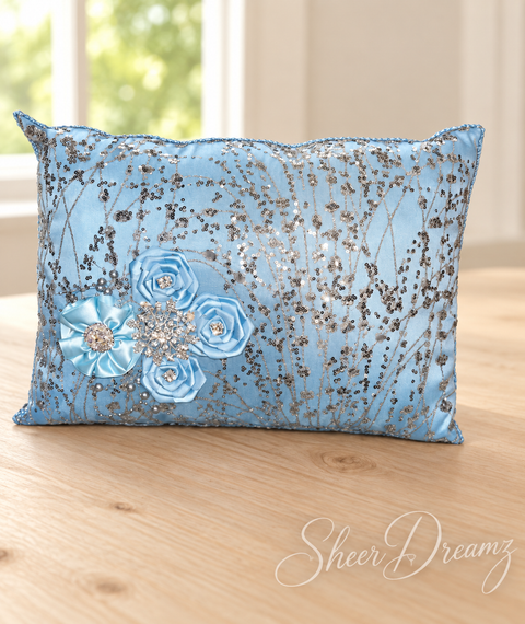 Bahama blue quinceañera accessory set with satin roses and silver crystal decorations, item 5, Sheer Dreamz