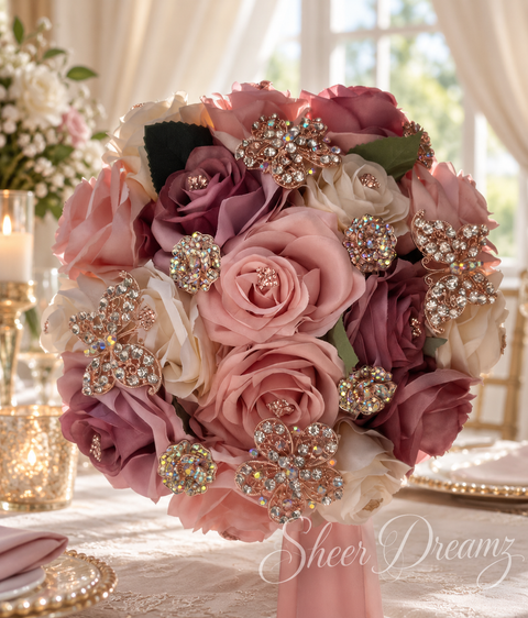Dusty Pink Mauve and Ivory Quinceañera Bouquet by Sheer Dreamz – alternate view 3
