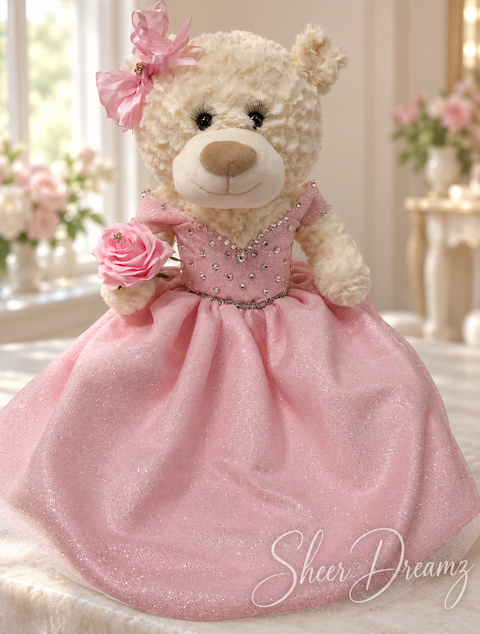 Blush pink quinceañera teddy bear with rhinestone gown, view 1, Sheer Dreamz