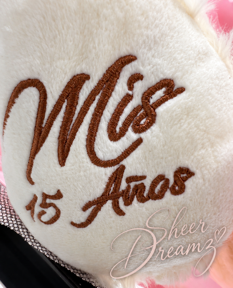 Mis 15 Años embroidery detail on blush pink quinceañera teddy bear, Sheer Dreamz