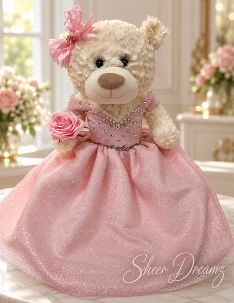 Blush pink quinceañera teddy bear with rhinestone gown, view 3, Sheer Dreamz