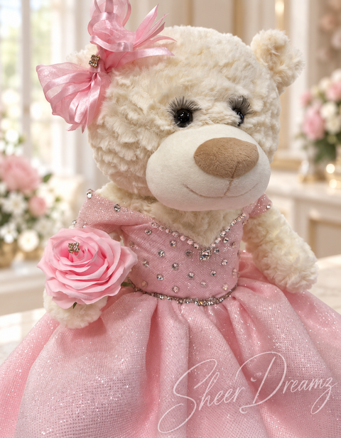 Blush pink quinceañera teddy bear with rhinestone gown, view 4, Sheer Dreamz