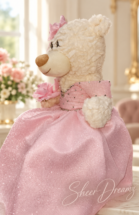 Blush pink quinceañera teddy bear with rhinestone gown, view 5, Sheer Dreamz