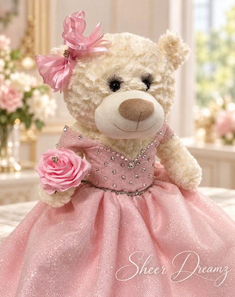Blush pink quinceañera teddy bear with rhinestone gown, view 6, Sheer Dreamz
