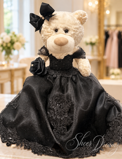 Black quinceañera teddy bear with lace ballgown and bow, view 1, Sheer Dreamz