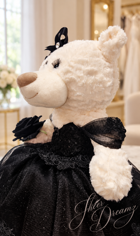 Black quinceañera teddy bear with lace ballgown and bow, view 2, Sheer Dreamz