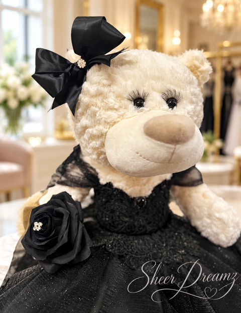 Black quinceañera teddy bear with lace ballgown and bow, view 3, Sheer Dreamz