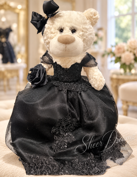 Black quinceañera teddy bear with lace ballgown and bow, view 4, Sheer Dreamz
