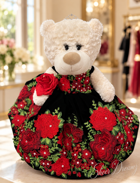 Black charro quinceañera teddy bear with red floral embroidery, view 1, Sheer Dreamz