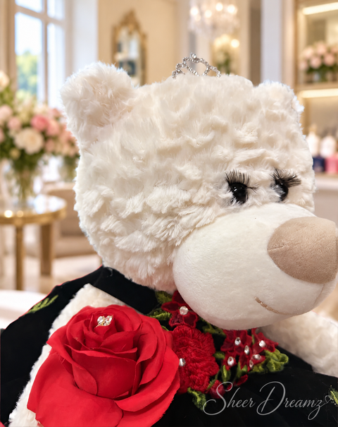 Black charro quinceañera teddy bear with red floral embroidery, view 2, Sheer Dreamz