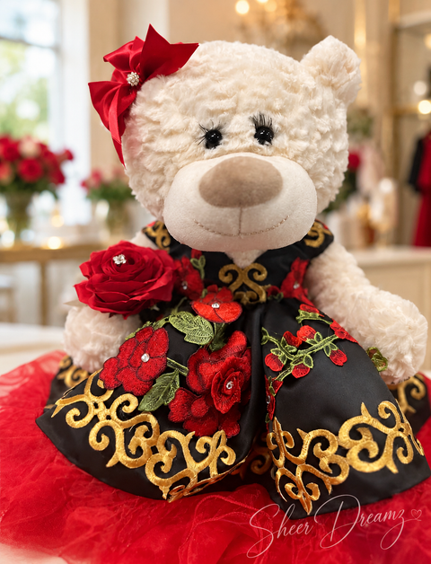 Black and red charro quinceañera teddy bear with gold scroll embroidery, view 1, Sheer Dreamz
