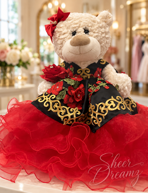 Black and red charro quinceañera teddy bear with gold scroll embroidery, view 2, Sheer Dreamz