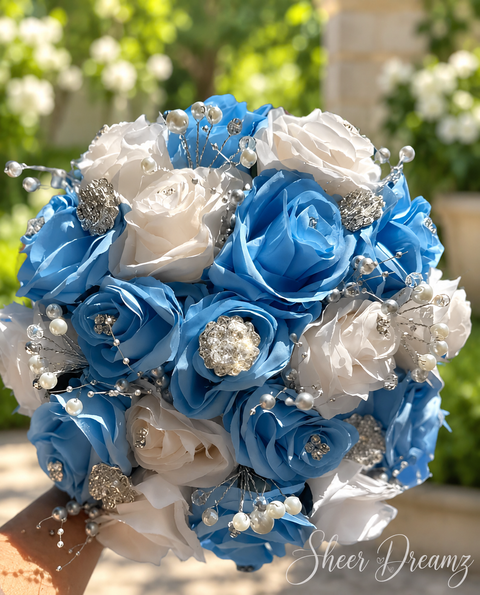 Baby blue and white quinceañera rose bouquet with silver brooches by Sheer Dreamz – view 1