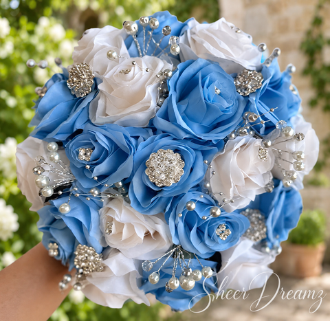Baby blue and white quinceañera rose bouquet with silver brooches by Sheer Dreamz – view 2