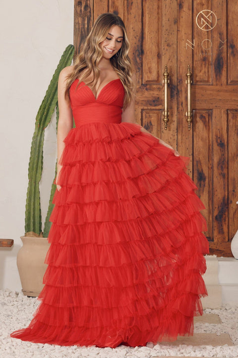 Nox Anabel Tulle Gown with Sleeveless Ruffles R1240