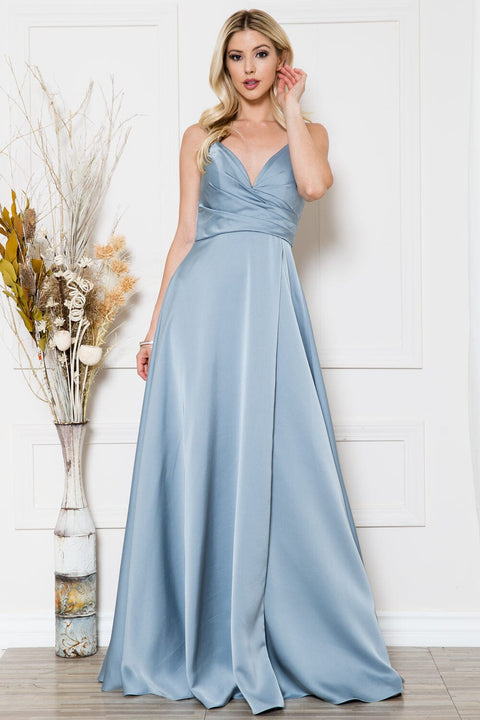 Sleeveless V-Neck Satin Slit Gown by Amelia Couture BZ012