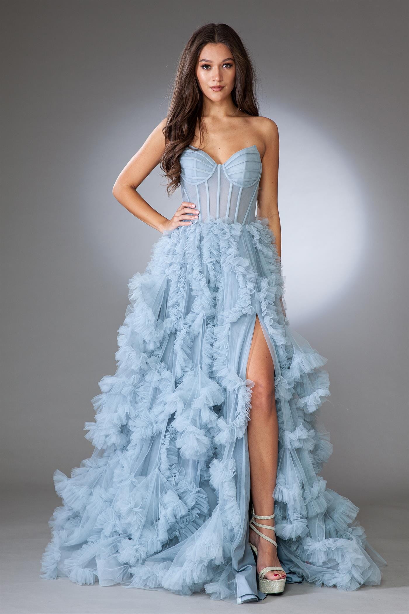 open lace back dress Amelia Couture AC0019 Strapless Corset Gown with Ruffles and Slit–  sheerdreamz