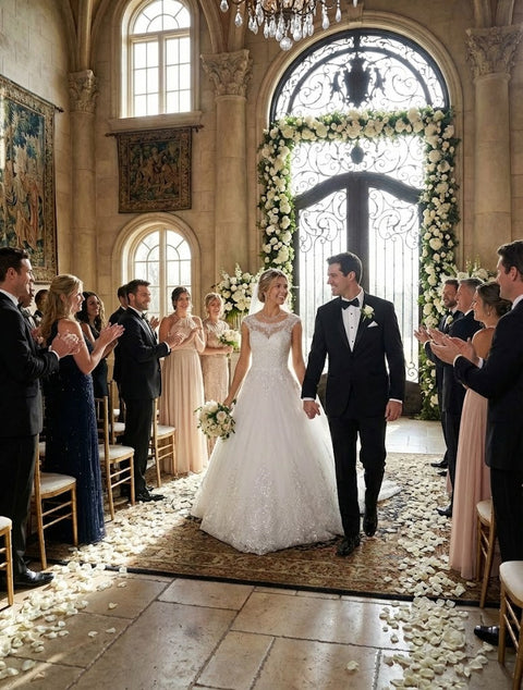 DeKlaire 456 A-Line Wedding Dress with Scoop Neck, Cap Sleeves & Chapel Train